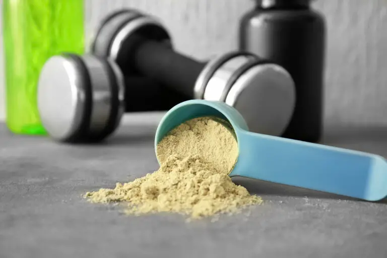 Composition with scoop of hemp protein powder and dumbbells on table
