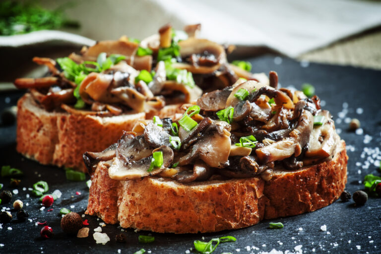 Sandwiches with mushrooms and green onion, selective focus