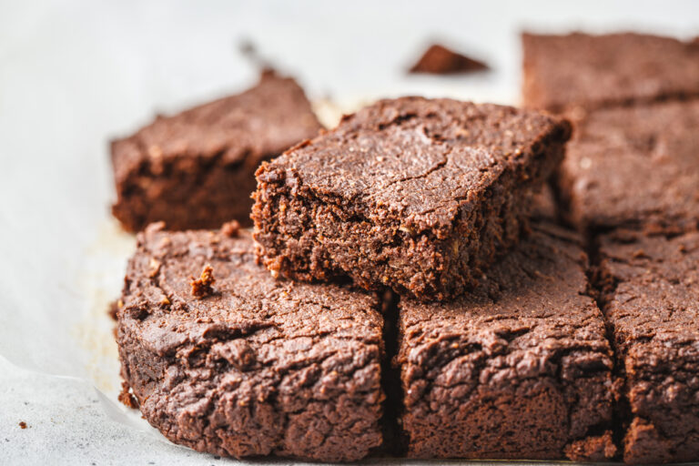 Vegan chocolate brownies on white background