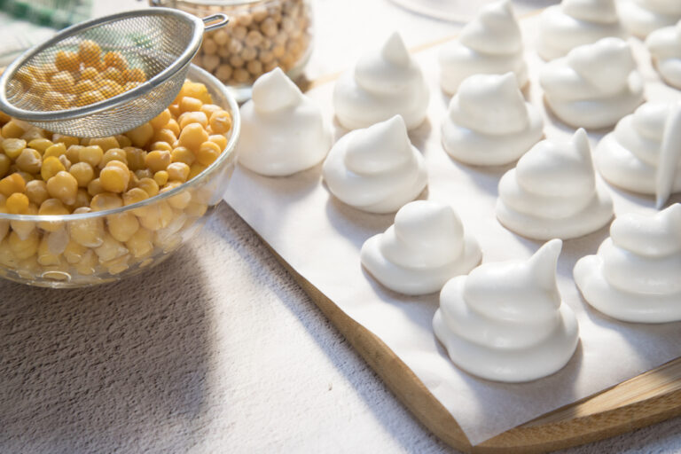 Homemade marshmallows from Aquafaba on a light background. Whipped chickpea broth is a source of vegetable proteins